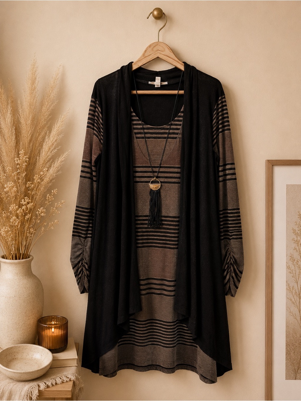 Haani Black & Brown Striped Layered Cardigan Tunic| 2X